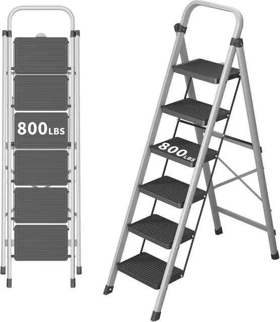 6-Step Foldable Step Ladder Stool with Handle, Anti-Slip Pedals, 800lbs Capacity for Home & Kitchen - Silver Gray