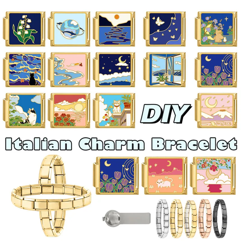 Y2K Bear Cat Blue Sky Rose Flowers Moon Italian Charm Link Fit 9MM Stainless Steel Bracelet Women DIY Making Gifts