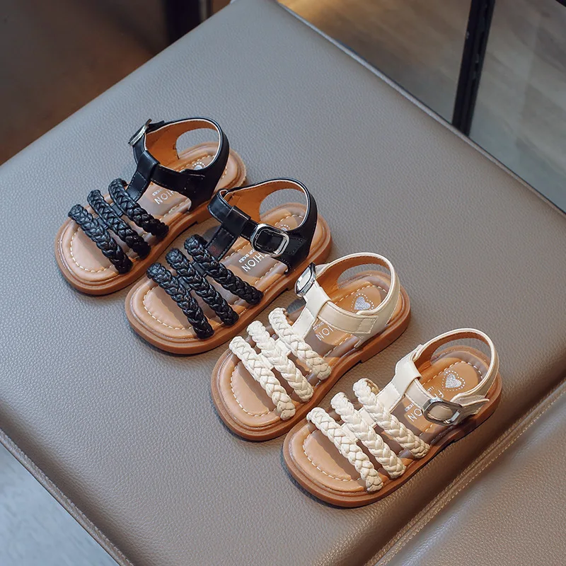 

Summer Girls' Woven Leaky Toe Soft Sole Casual Beach Shoes Children's Solid Flat Bottom Walking Sandals