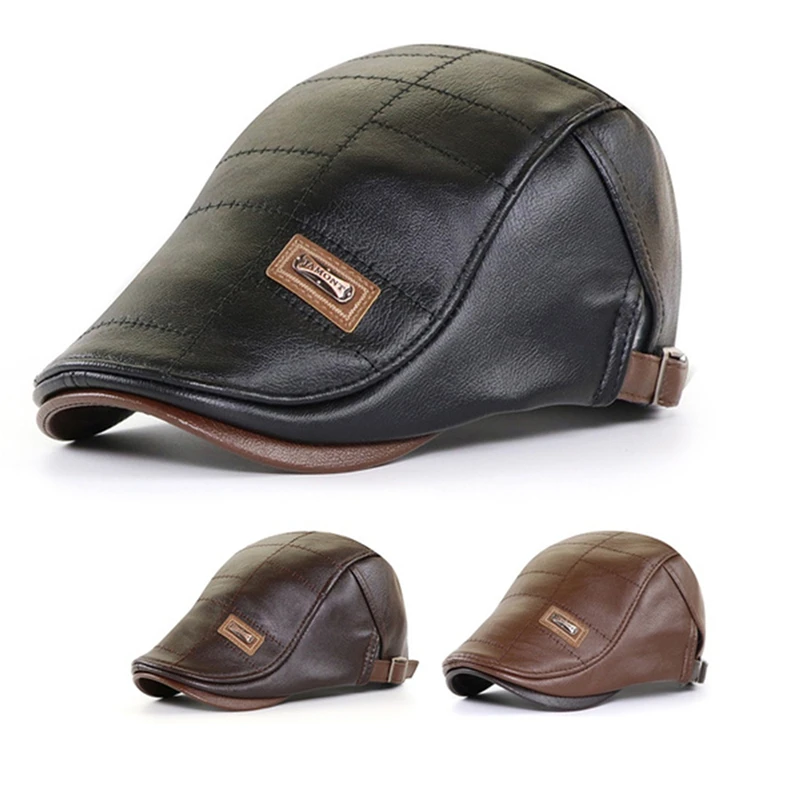 Autumn Winter Men Beret Hat Leather Flat Cap Male Adjustable Fashion Warm Leather Mens Retro Beret Caps beret hat,woolen beret