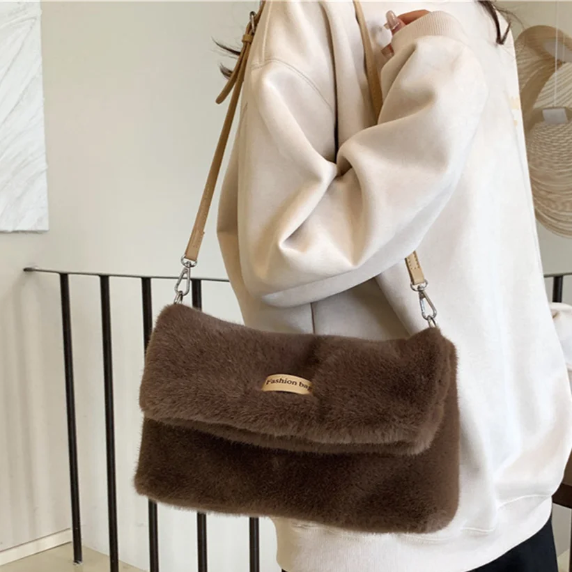 Borsa Peluche Morbida Donna Autunno Inverno – Tracolla A Catena Intrecciata, Piccola Borsa Sottobraccio In Tessuto Sintetico Con Cerniera