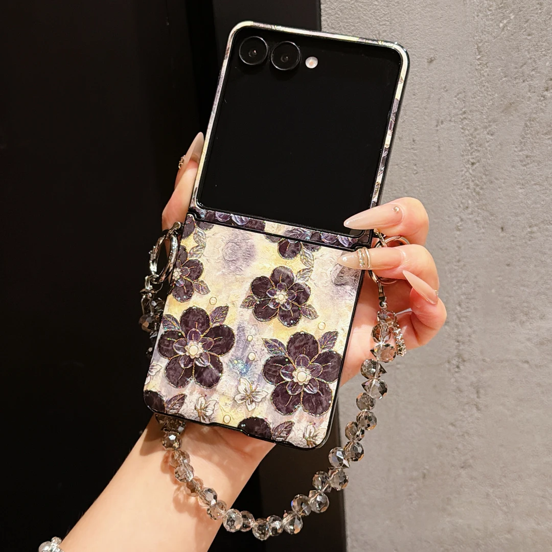 Luxury Gold Stamping Floral Phone Case with Chain Bracelet - Magnetic Wireless Charge Cover