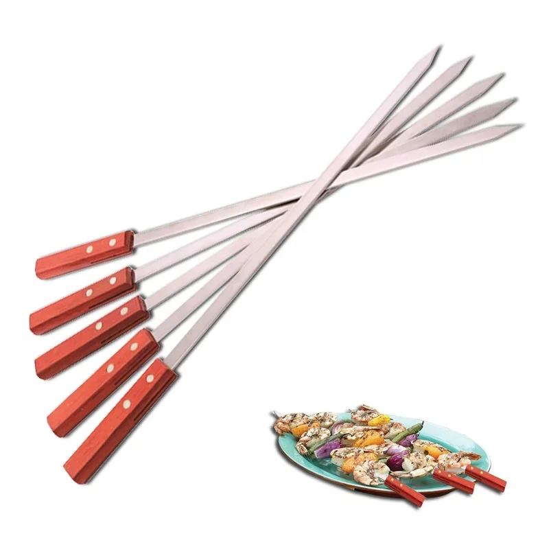 20.5''52cm Barbecue Skewers Stainless Steel Fork Flat Shish Kebab BBQ Needle Grills Sticks Turkish Long Wood Skewer Panic Tools