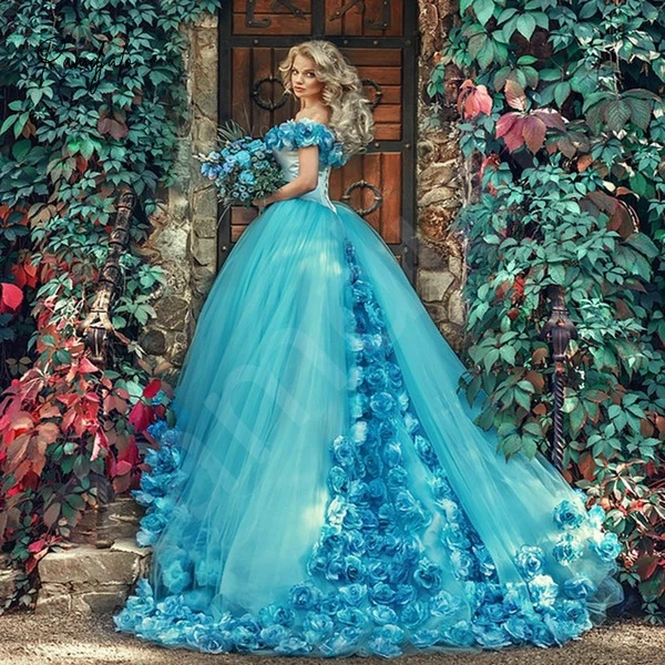 

Quinceanera Dresses 2022 Cinderella 3D Handmake Flowers Blue Ball Gown vestido de 15 anos de debutante Sweet 16 Dresses Princess