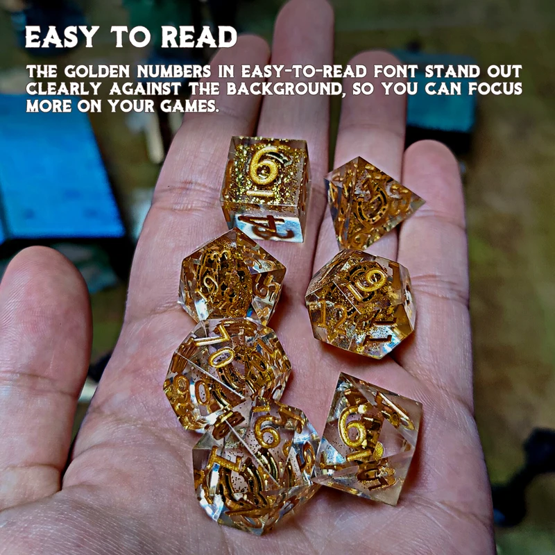 DND Dice Set Transparent Resin Sharp Edge Filled with Lucky Horseshoe & Glitter Inside - 7 Polyhedral Gaming Dice for Borad Game 4