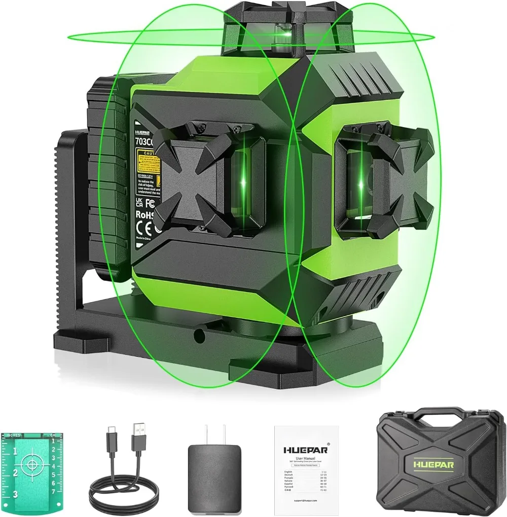 

Huepar 360 Laser Level 12 Lines Self-Leveling Cross Line Laser Level 3D Green Beam 197Ft. with Pulse Mode Alignment Laser Tool
