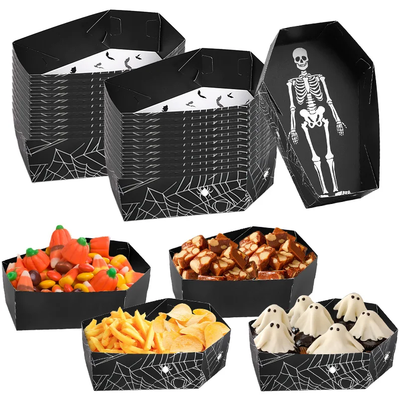 12/24Pcs Halloween Sarg Papier Lebensmittel Tabletts Süßigkeiten Snack Cookie Geschenk Boxen Süßes oder Saures Halloween party Decor Liefert