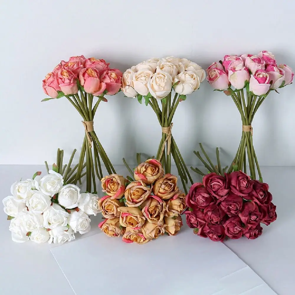 12 Head Artificial Flower Bouquet Handmade Romantic Simulated Rose Bouquet Lifelike Colorful Fake Flowers Wedding Decoration