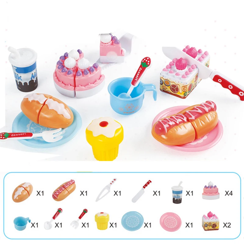 Kids Simulation Food Kitchen Toy DIY Pretend Play Set Cutting Birthday Cake Fries Pizza Game Educational Toy for Girls Gift