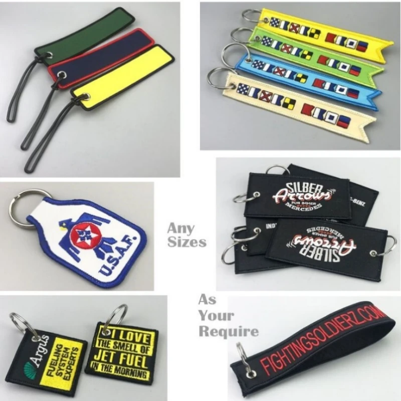 50 pcs Keychain Embroidery PVC Rubber Woven Printed Technics Customize Brand Fabric Key Chains Bag Tag