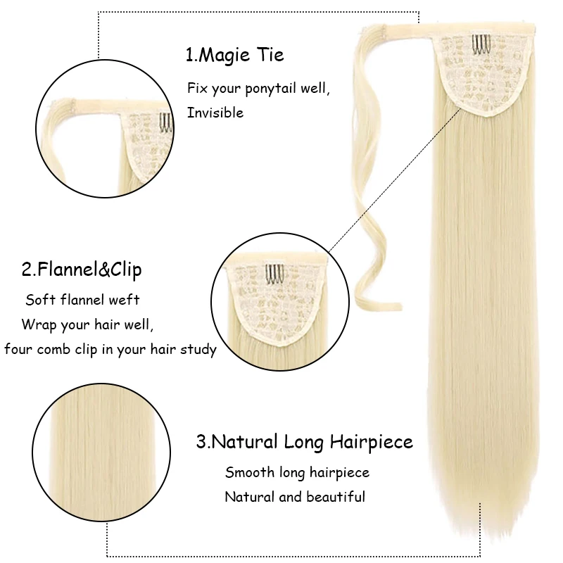 AOSI Straight Clip In Hair Tail False Hair 24" Ponytail Hairpiece With Hairpins Synthetic Pony Tail Extensions For Women