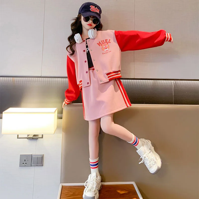 

Teenage Baseball Clothing Uniform Sets Autumn Children Splicing Letters Jacket Short Skirt 2 Sets 3-15Y Spring Clothes Trend