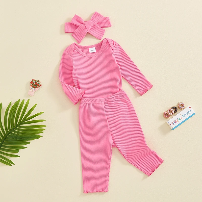 Girls Clothing Set 0-18M Newborn Baby 3pcs Solid Color Ribbed Long Sleeve Romper + Pants + Headband