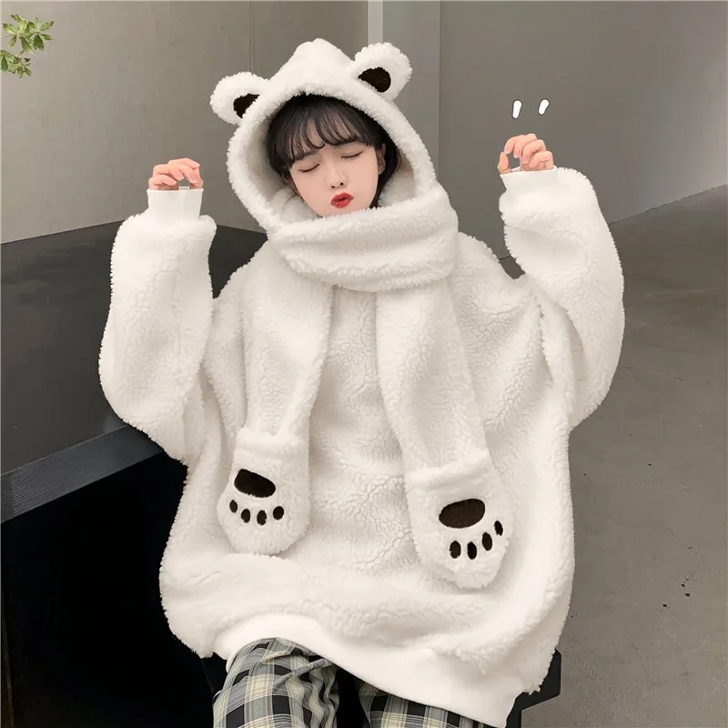 Faux Lamb Wool Bear Gloves Hooded Scarf Detachable Sweater Long-sleeved 2024 Autumn and Winter New Fashion Women's Clothing