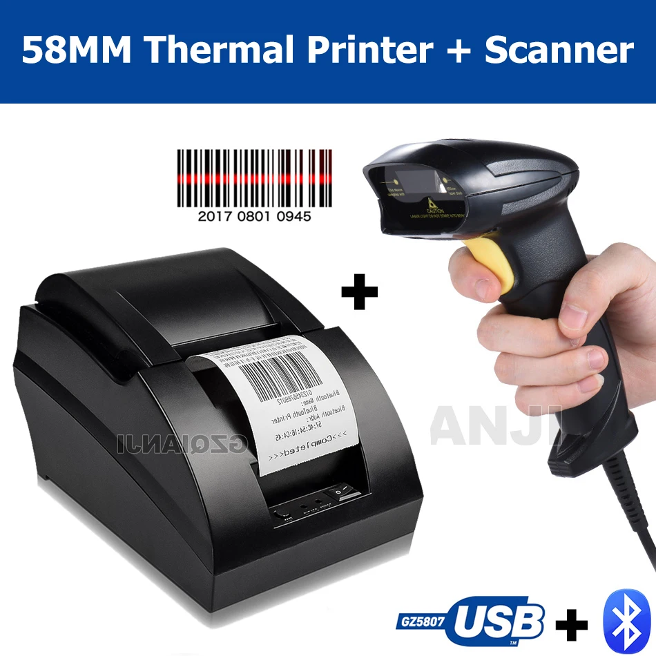 58mm thermal usb bluetooth 2 inch receipt bill printer barcode scanner