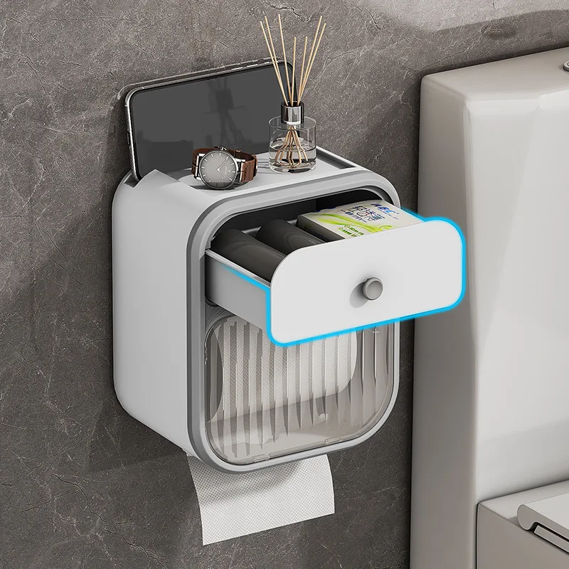 Toilet paper holder wall mounted suction box without punching roll paper box waterproof double-layer toilet storage rack