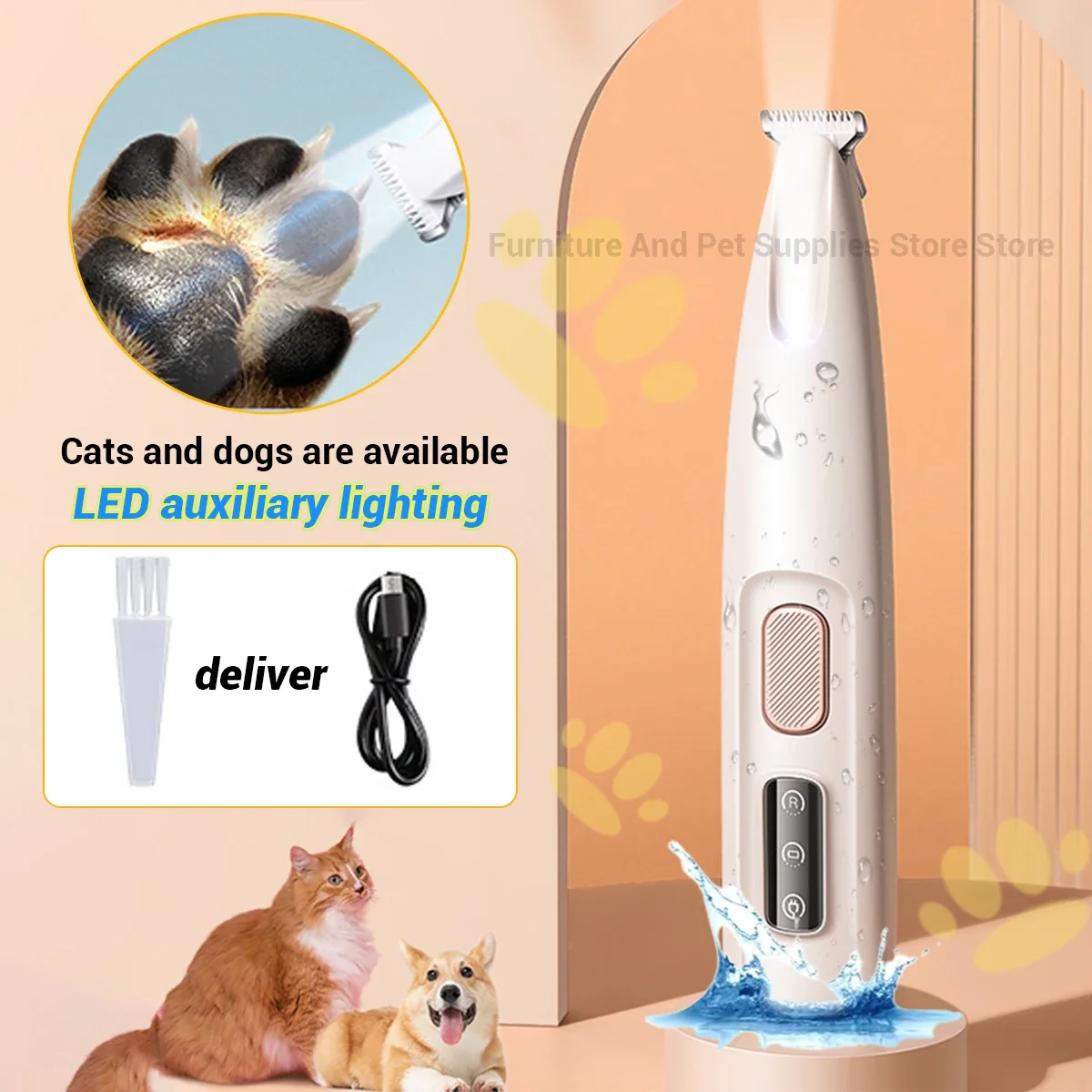 Dog Paw Trimmer LED Light Fully Waterproof Pet Hair Trimmer LED Display Dog Clippers Grooming 18mm Widen Blade