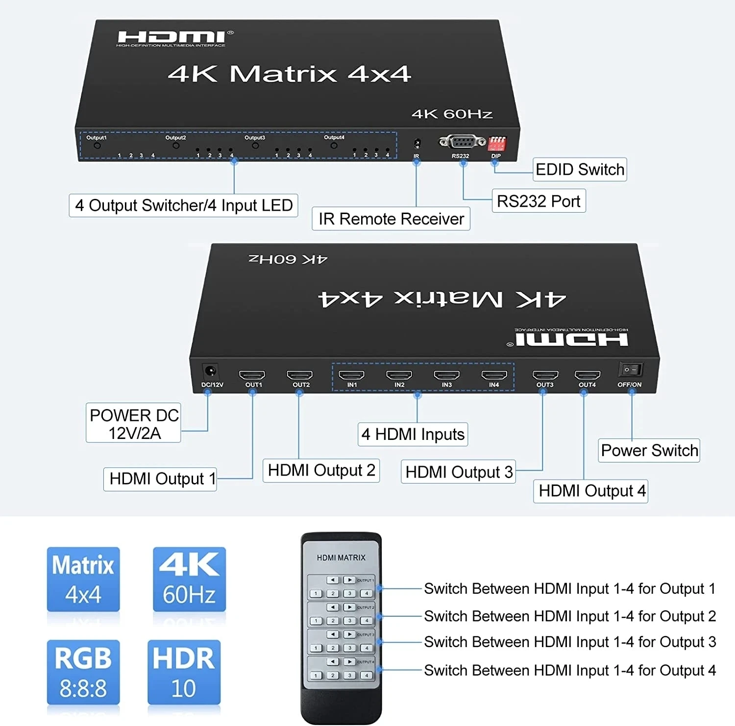 4K 60Hz HDMI True Matrix 4x4 HDMI 2.0 Matrix Switcher 4 in 4 out Video Switch Splitter Converter with RS232 EDID HDCP 2.2