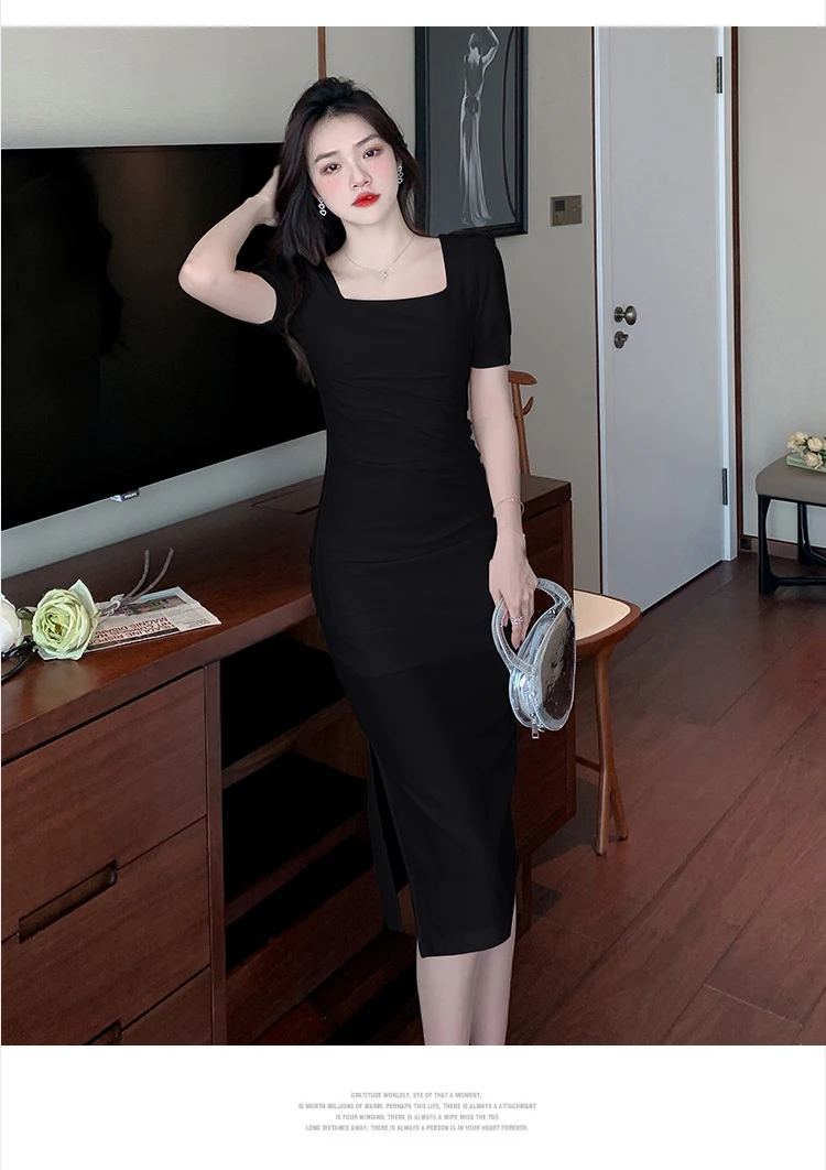 その他トップス New Korean Women Dress Temperament Formal Vintage Black Square Collar Asymmetrical Slim Midi Party Club Prom Lady Mujer Vestidos Korean Black Dress Women Elegant Fashion Summer Office