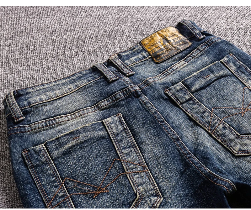 Italian Style Fashion Men Jeans Retro Blue Elastic Slim Ripped Jeans Men Patchwork Vintage Designer Casual Stretch Denim Pants