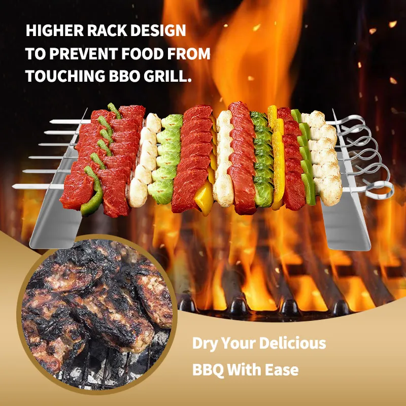 Stainless Steel BBQ Skewer Rack Holder Stand Anti-Stick Kebab Set for Outdoor Camping Picnic