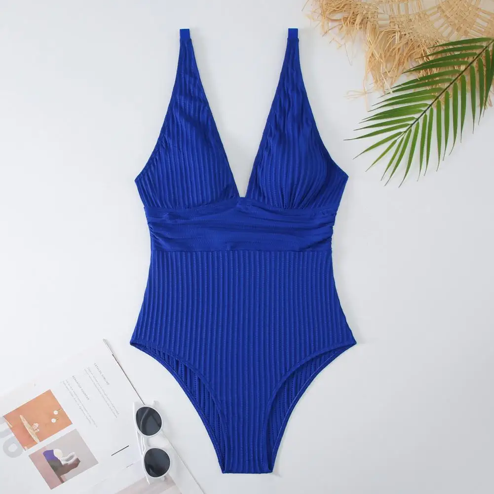 

Open Back One-piece Stylish Ribbed V-neck Monokini Swimsuit for Women One-piece Bathing Suit with Quick-drying Fabric Solid