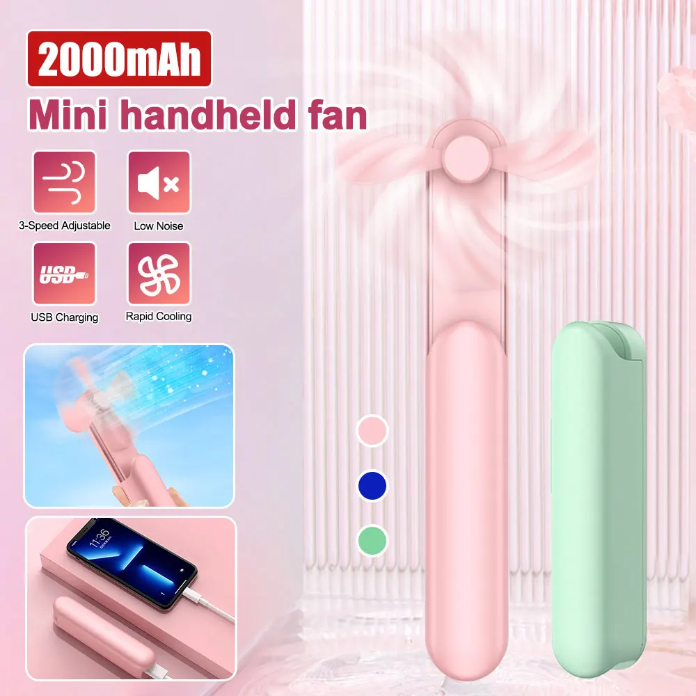 

2000mAh Mini Portable Fan USB Rechargeable Handheld Desktop Fan Quiet Foldable Office Home Handy Power Bank Cooler Collapsible