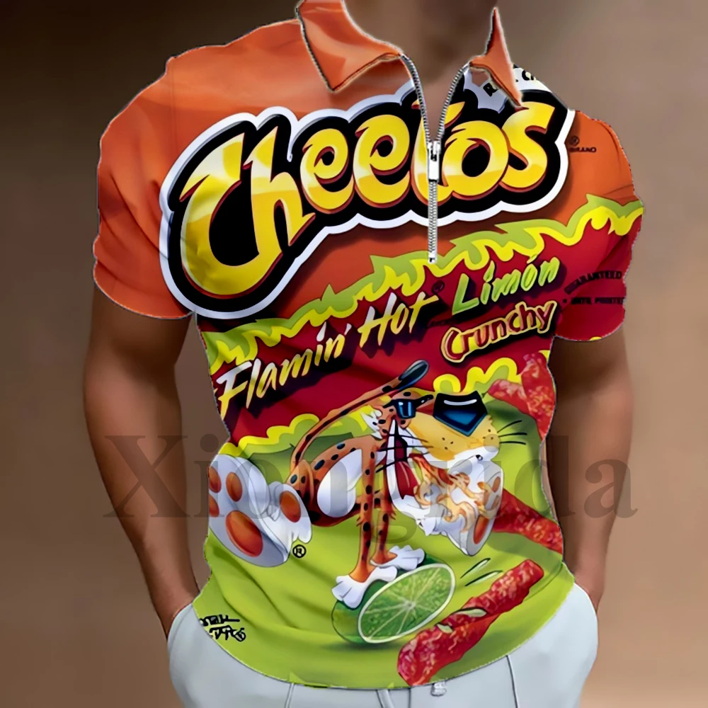 Novità Hot Cheetos Food Sbuffi Polo Zip Risvolto 3D Stampato Polo Manica Corta Polo Collo T-Shirt Estate