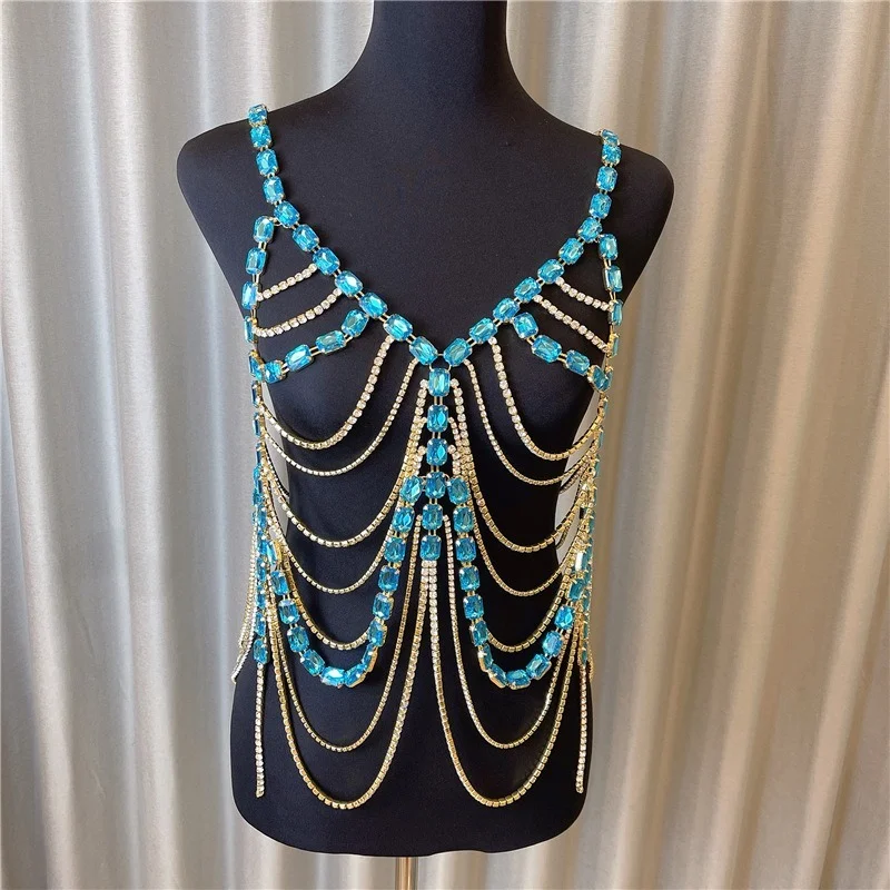 Shiny blue crystal sexy bikini jewelry fashion sexy long tassel pendant body chain women's nightclub sling thong accessories