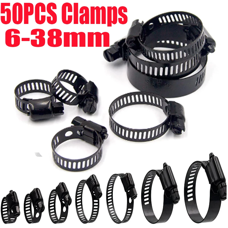 

Free Shipping 50pcs Stainless Steel Adjustable 6-38mm Range Worm Gear Black Hose Clamps Kit Clamps for Woodworking Spring Clamp