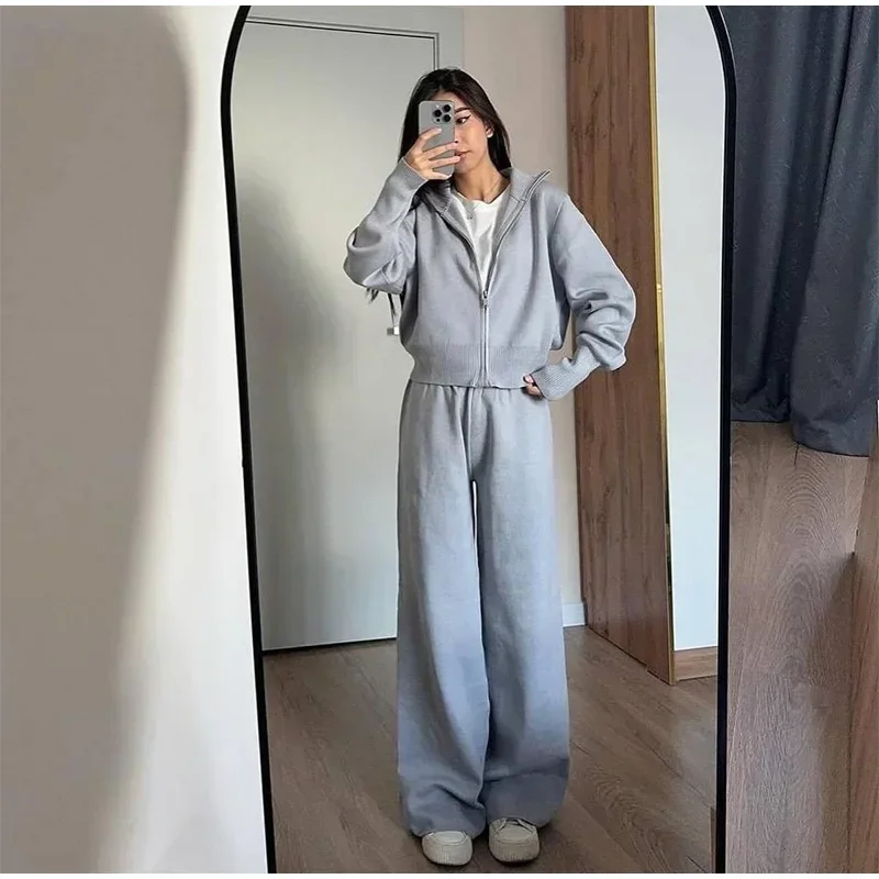 Knitted Pants Sets Women Stand Collar Zipper Cardigan Loose High Waist Pants Suits Autumn Winter New in Matching Outfits