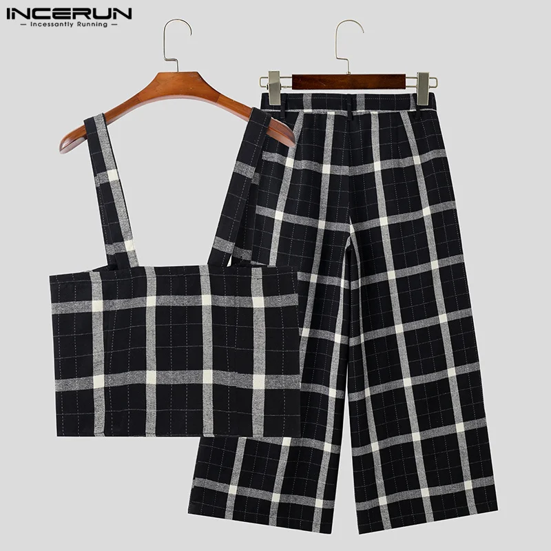 INCERUN 2024 American Style Fashion Men Sets Plaid Square Neck Vests Wide Leg Long Pants Casual Streetwear Two-piece Sets S-5XL