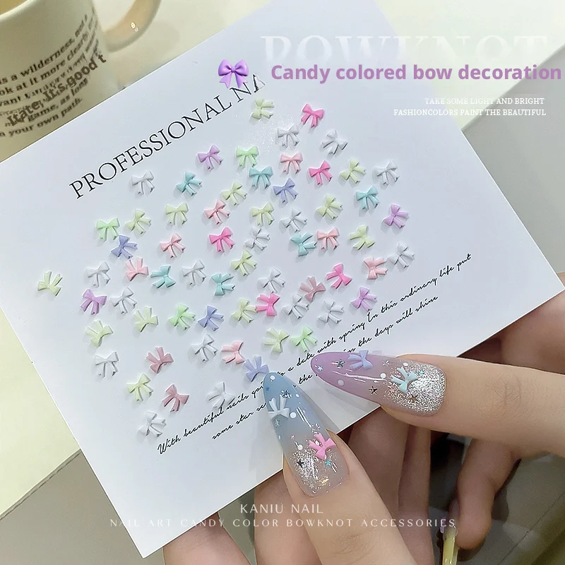 카니우 50/100개 3D 미니 리본 네일 참 컬러 그라데이션 네일 액세서리 젤 폴리쉬 DIY 네일 아트 데코 브라이덜 파티 매니큐어