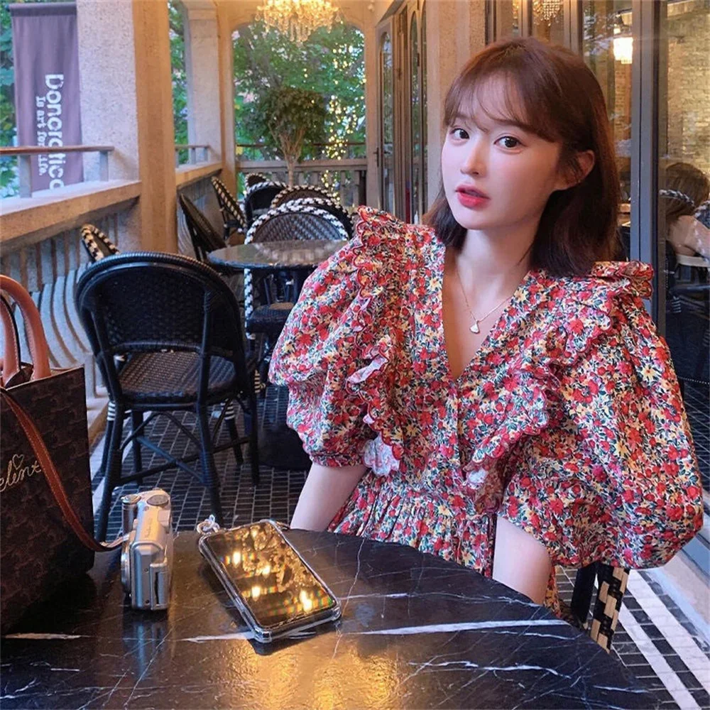 Women Summer Style Blouses Tops Lady Casual Short Puff Sleeve Stand Collar Flower Printed Blusas Tops korean fashion chiffon