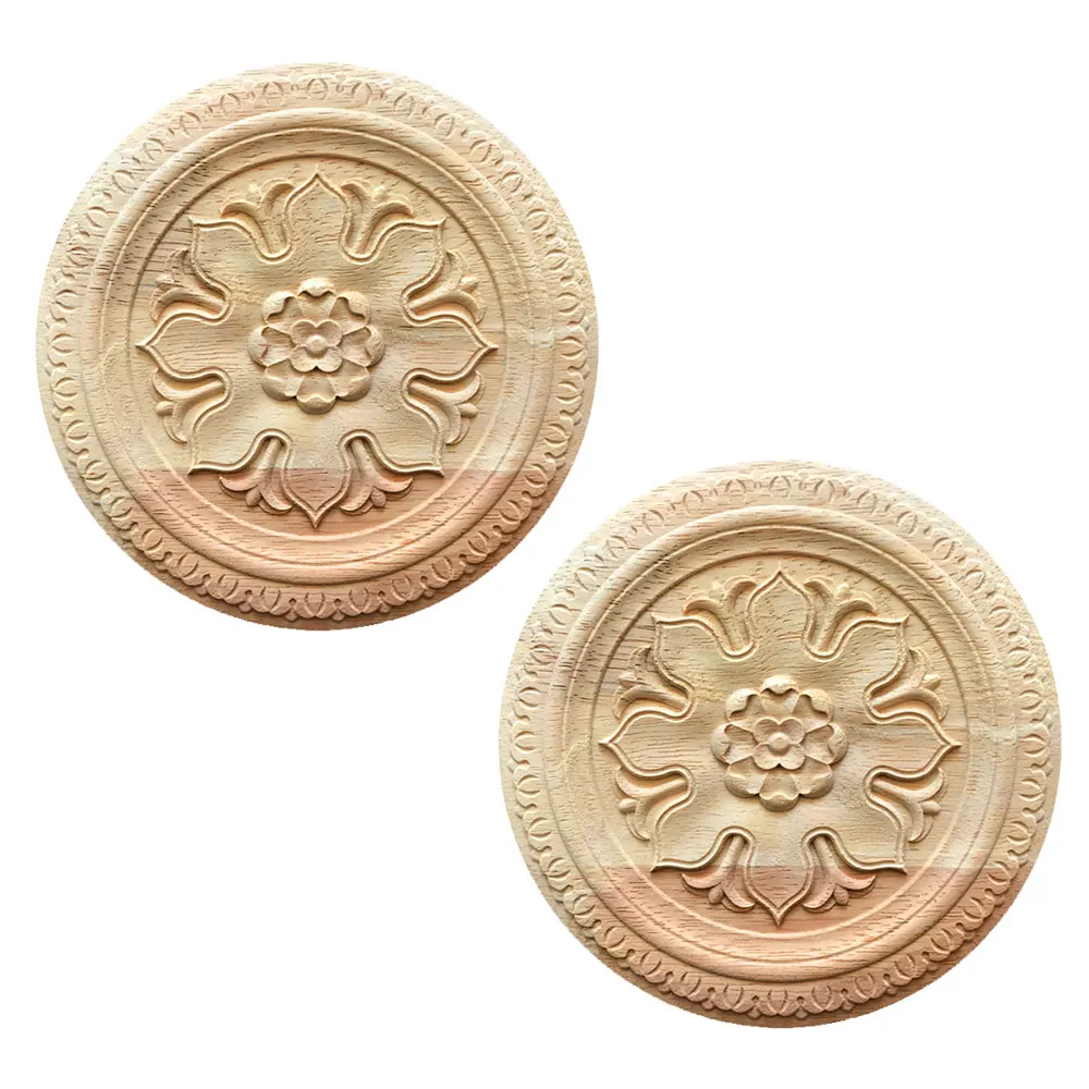 

2pcs Antique Round Wooden Carved Onlay Appliques Wood Carving Decal Unpainted for Furniture Bed Door Cabinet Decor Ornamental