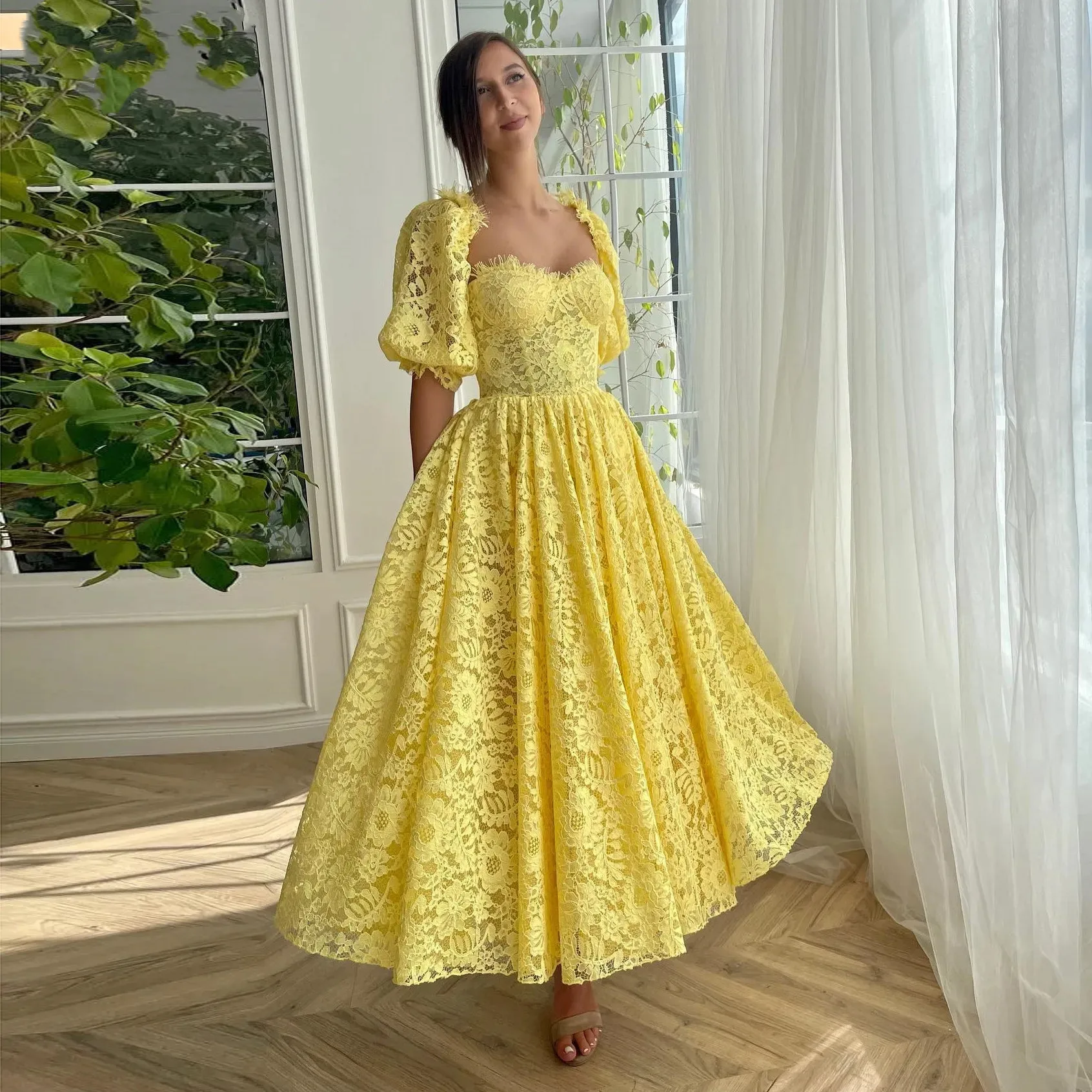 

Yellow Lace Prom Dress Short Puffy Sleeves Formal Party Cocktail Gowns Dubai Arabic Robe De Soiree Party Evening Gowns