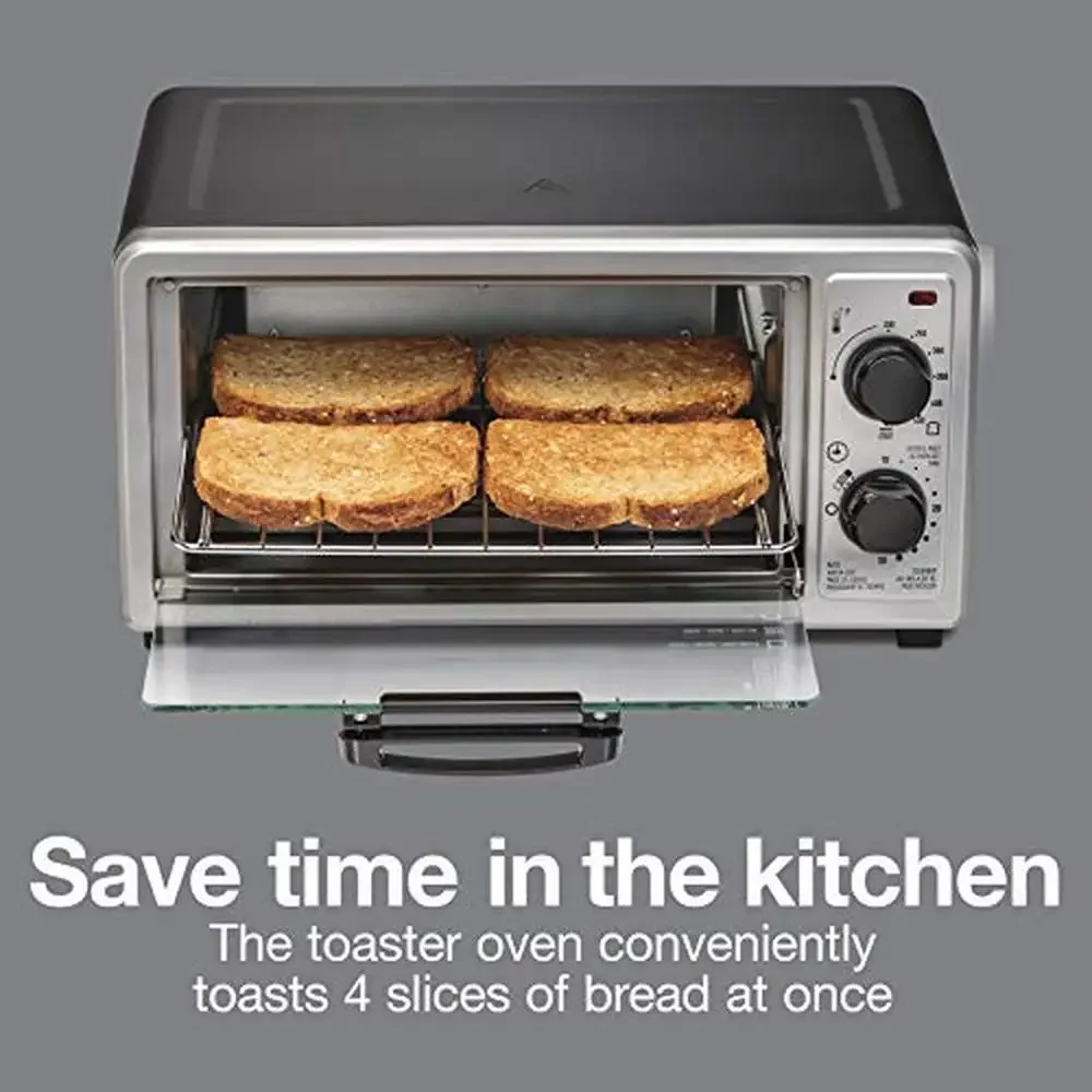 4 Slice Multi-Function Countertop Toaster Oven with Bake Toast Broiler 1100W Timer Auto-Shutoff Bake Pan Oven Rack Stainless 2