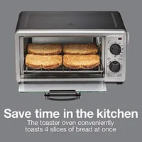 4 Slice Multi-Function Countertop Toaster Oven with Bake Toast Broiler 1100W Timer Auto-Shutoff Bake Pan Oven Rack Stainless 2