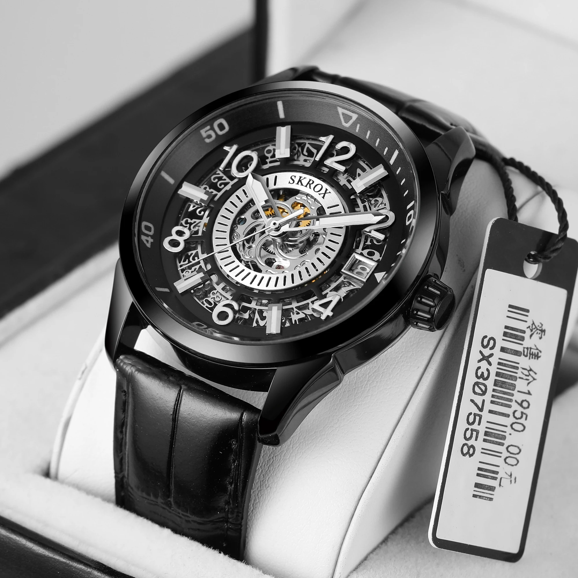 SKROX High Quality Luxury Skeleton Automatic Movement Elegant Men's Watch Mechanical Sapphire Glass Male Wrist Watches Leather 2