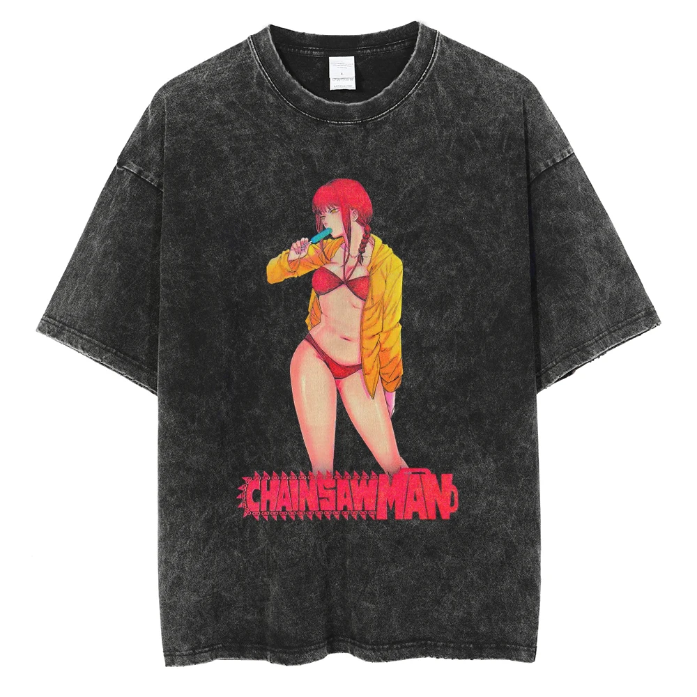 

Men Washed T-Shirt Hip Hop Streetwear Japanese Anime Chainsaw Man Print Oversize Tshirt Summer Short Sleeve Cotton Loose Tops
