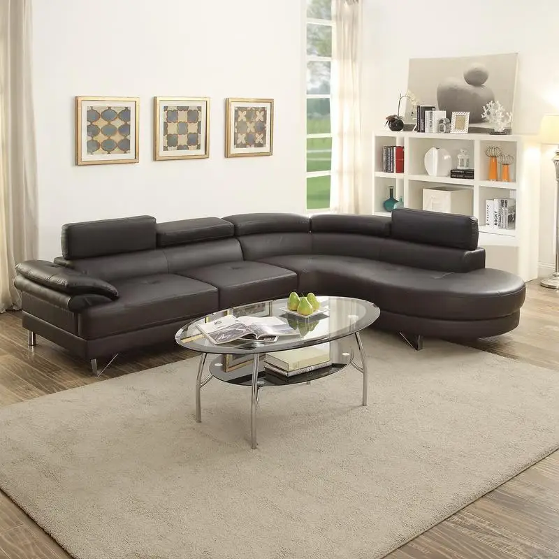 Espresso Faux Leather 2pc Sectional Sofa Set with Flip-up Headrest for Luxurious Living Room