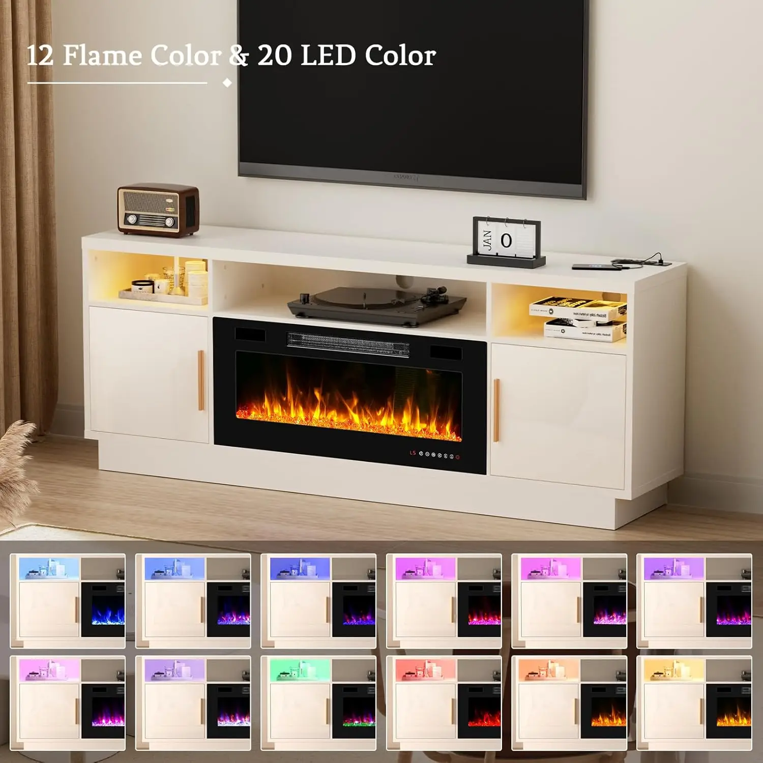 Description Picture 3 of item70'' TV Stand with 36'' Fireplace-LED Light Entertainment Center for 75+ inch TV-White TV Cabinet with Storage