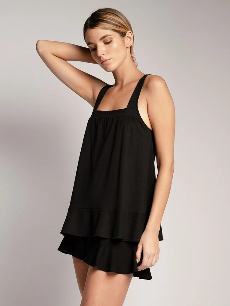 Hiloc Knitted Black Tank Tops Pajamas For Women Sleepwear Ruffled