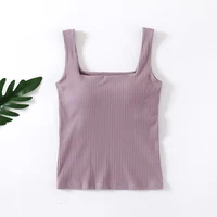 Women's Ribbed Knit Crop Top With Chest Pad One Piece Square Neck Sleeveless Tank Top With Bulit In Bra - Image 5
