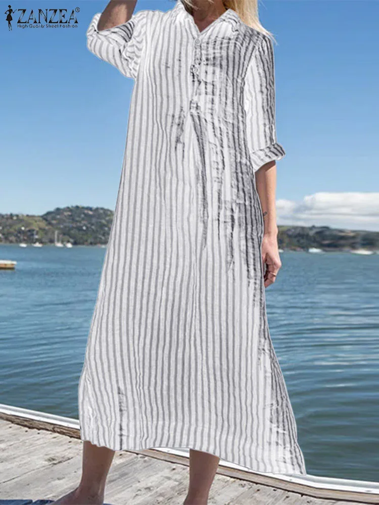 

ZANZEA Spring Fashion Office Dress Bohemian Stripe Printed Shirtdress Lapel Long Sleeve Sundress Femme Elegant Casual Vestidos