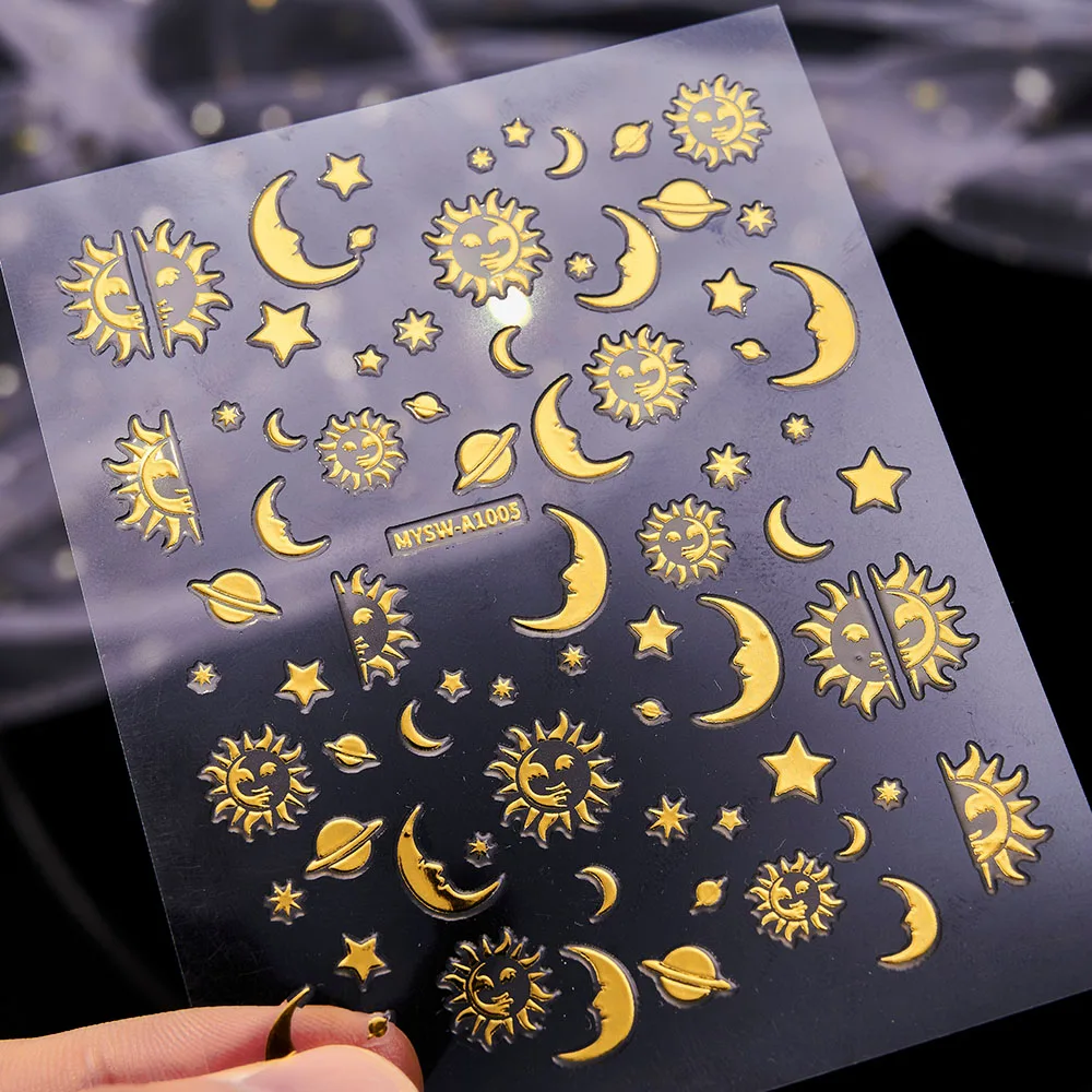Gold Sun Moon Star Totem Holographic Nail Art Sticker 8*10cm Adhesive Nail Art Decorations Gold/sILVER Manicure Decals 6Pcs nail stickers,nail art decoration,nail decals