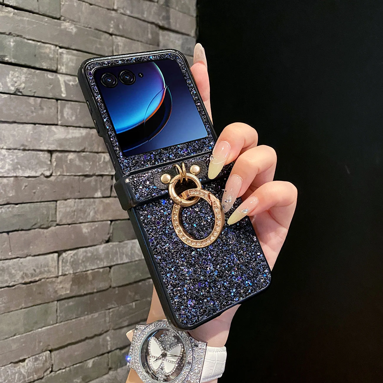 Luxurious Shiny Diamond Rhinestone Glitter Ring Buckle Case - Protective 3-Piece Back Cover