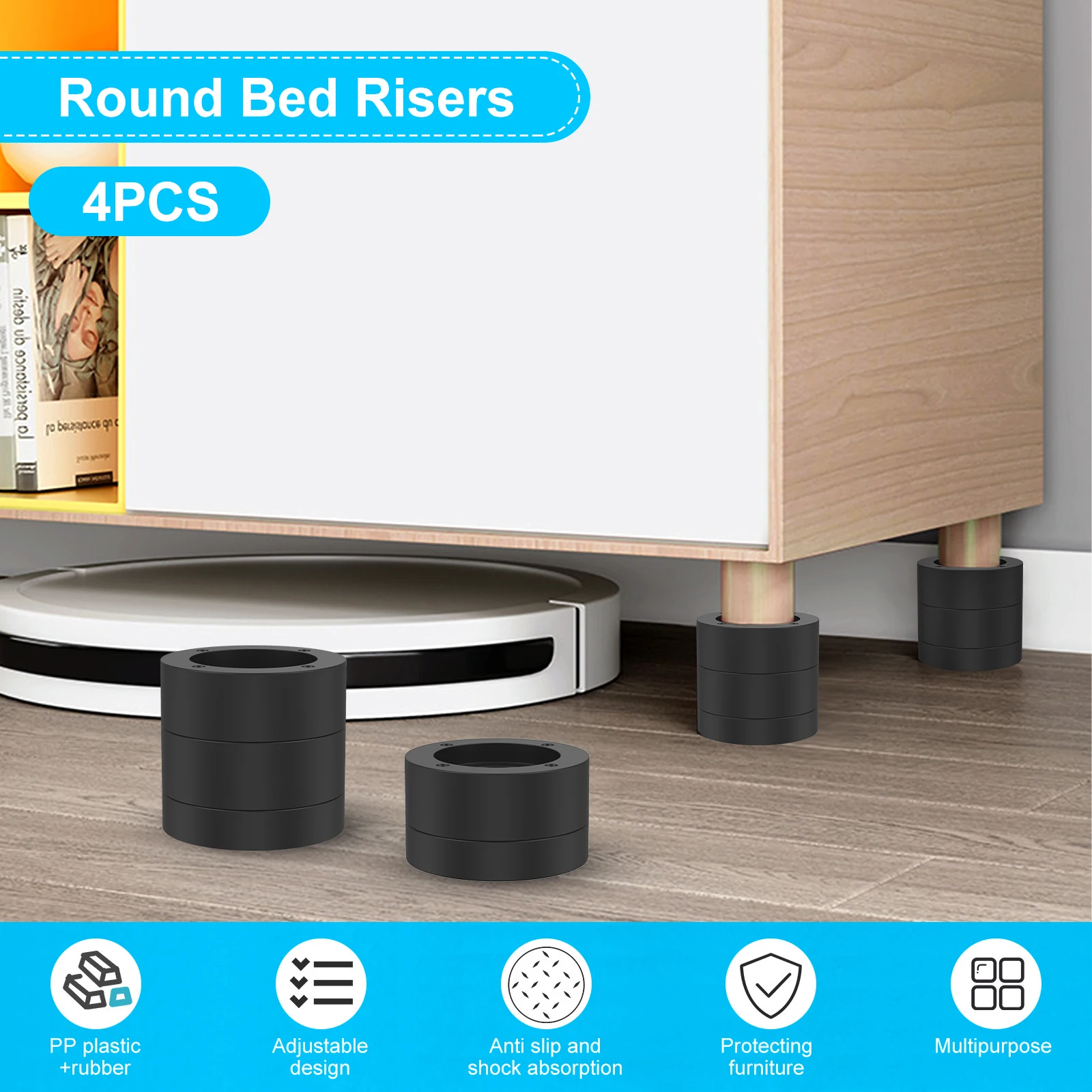 ANNKUT 2 Inch Square Furniture Risers - 4 Pack Heavy Duty Lifts For Beds, Tables & Couches, Supports 6,000 Lbs