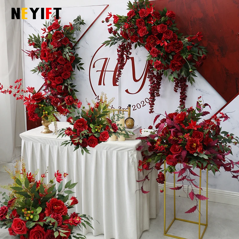 RedRoseWeddingBackdropArchDecoHangingFloralArrangmentBanquet