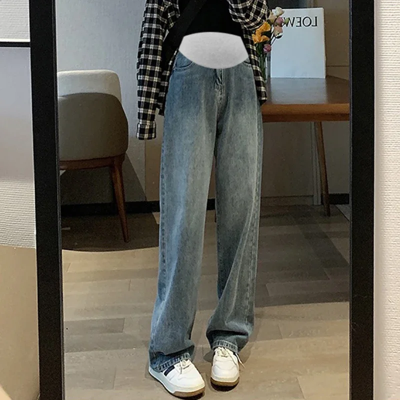 Autumn Denim Maternity Straight Long Jeans Wide Leg Loose Elastic Waist Belly Pants Clothes for Pregnant Women Pregnancy autumn loose wide leg jeans maternity pants trousers for pregnant women clothes vintage pregnancy high waist denim pants